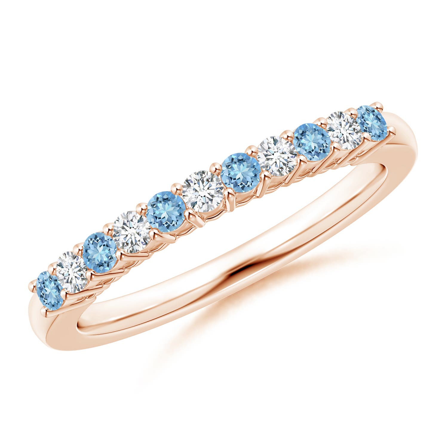 2mm AAAA Aquamarine and Diamond Half Eternity Wedding Ring in Rose Gold