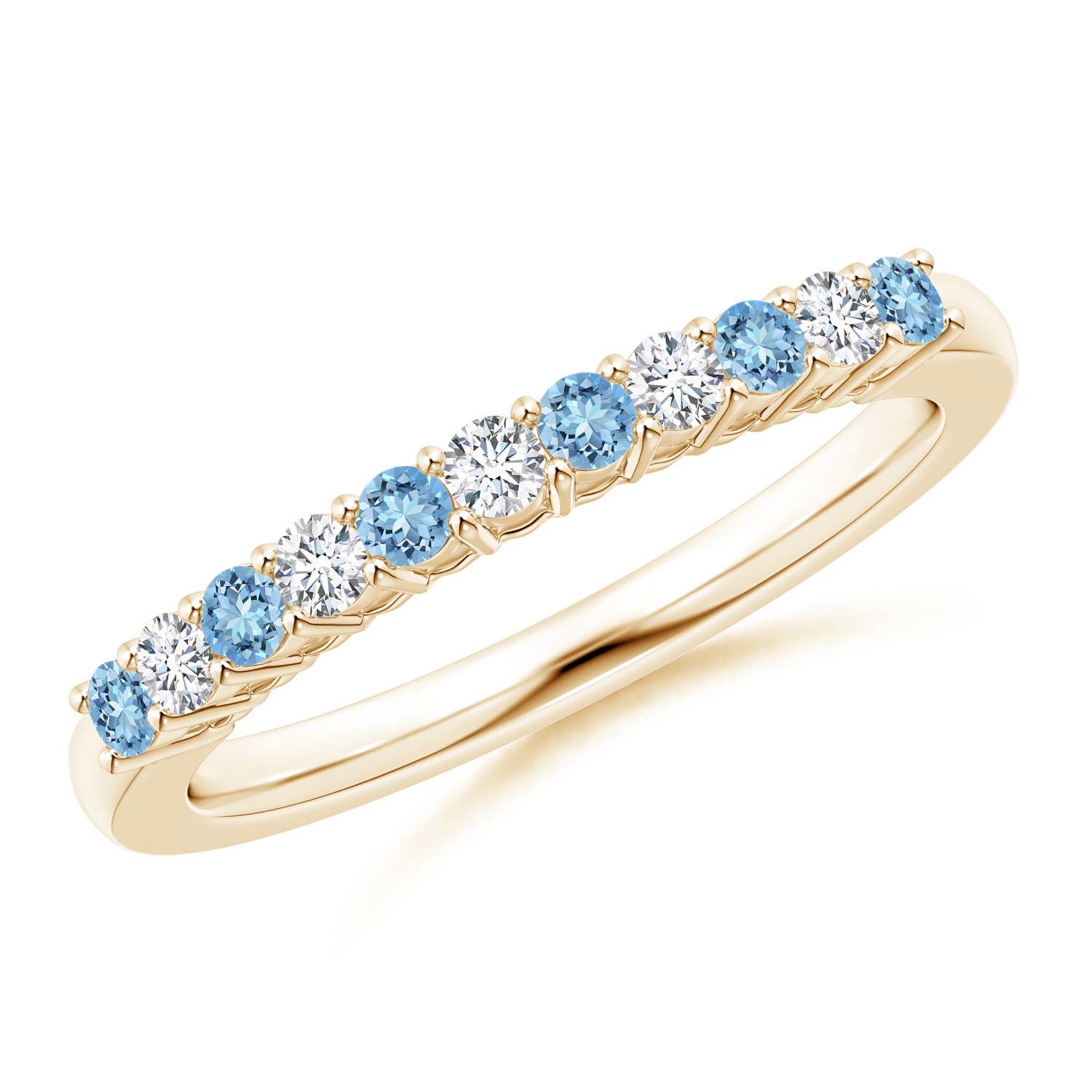 2mm AAAA Aquamarine and Diamond Half Eternity Wedding Ring in Yellow Gold