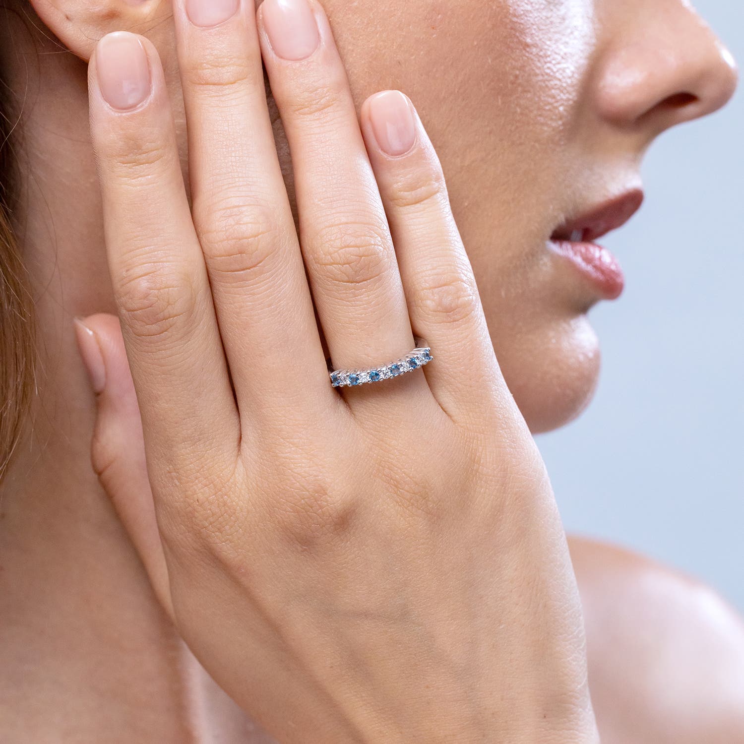 Aquamarine and Diamond Half Eternity Wedding Ring