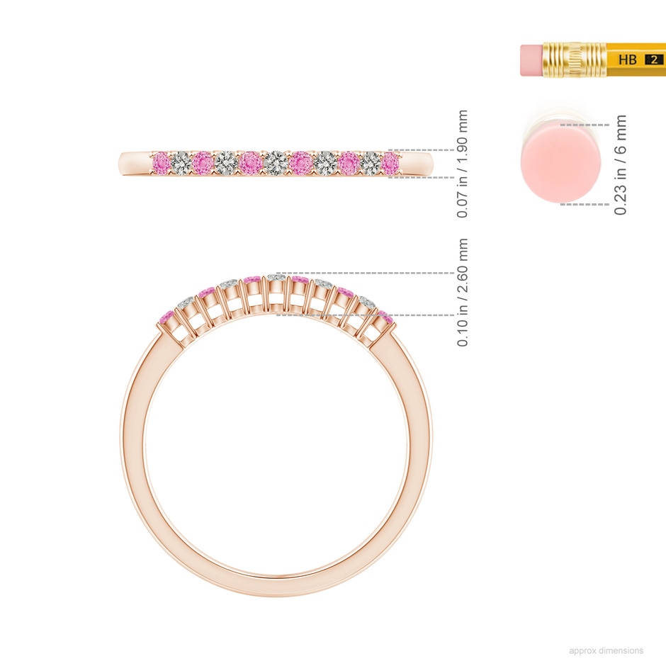 1.5mm A Pink Sapphire and Diamond Half Eternity Wedding Ring in 10K Rose Gold ruler