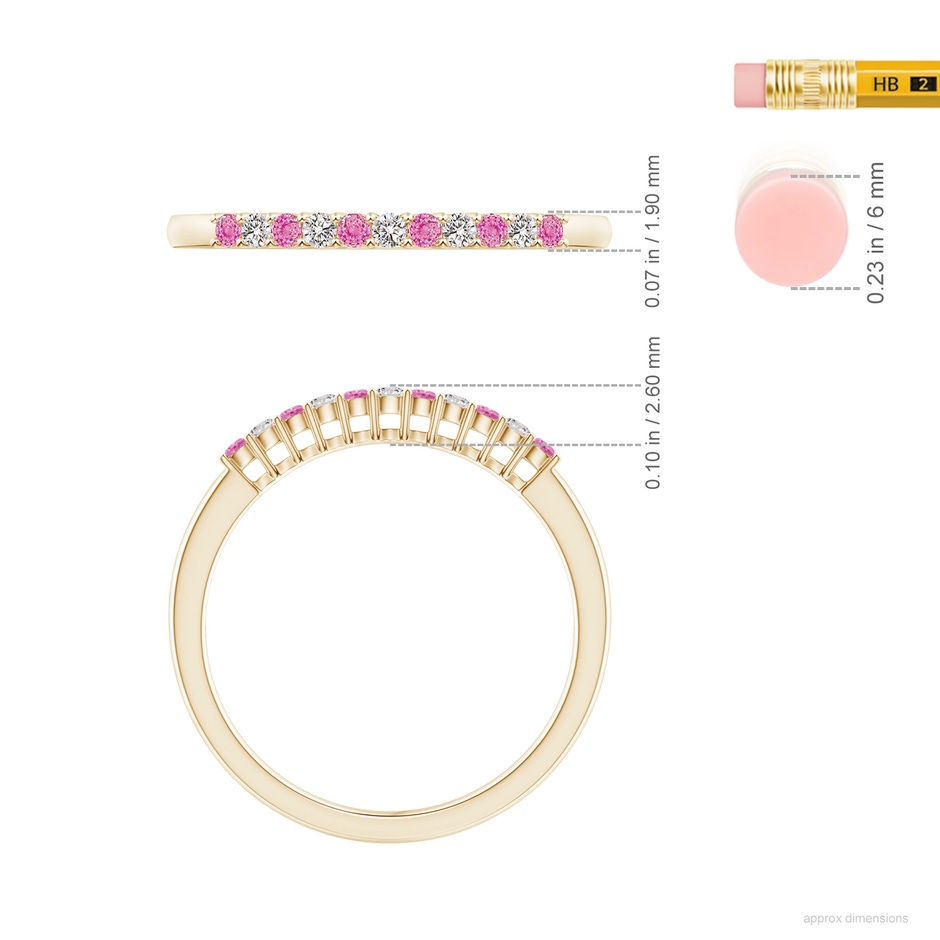 1.5mm AA Pink Sapphire and Diamond Half Eternity Wedding Ring in Yellow Gold ruler