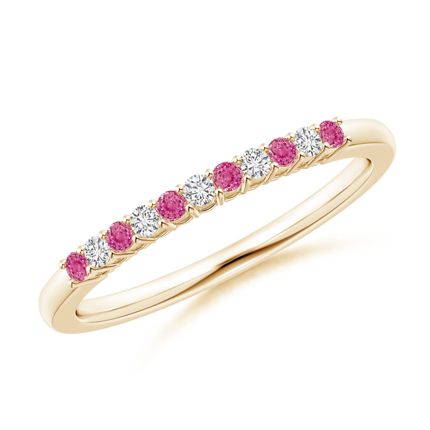1.5mm AAA Pink Sapphire and Diamond Half Eternity Wedding Ring in Yellow Gold