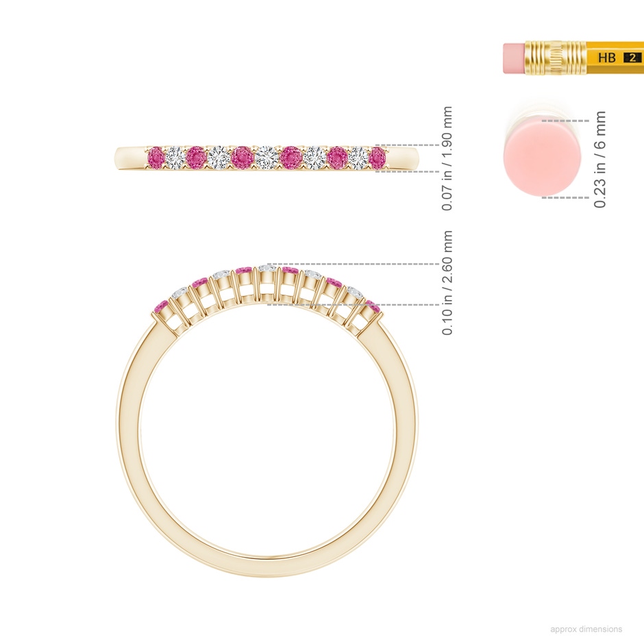 1.5mm AAA Pink Sapphire and Diamond Half Eternity Wedding Ring in Yellow Gold ruler