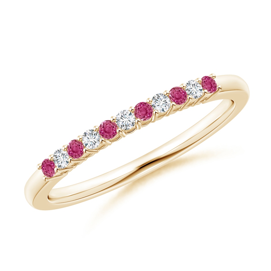 1.5mm AAAA Pink Sapphire and Diamond Half Eternity Wedding Ring in Yellow Gold 