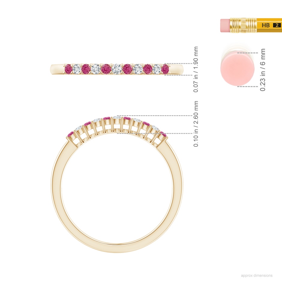 1.5mm AAAA Pink Sapphire and Diamond Half Eternity Wedding Ring in Yellow Gold ruler