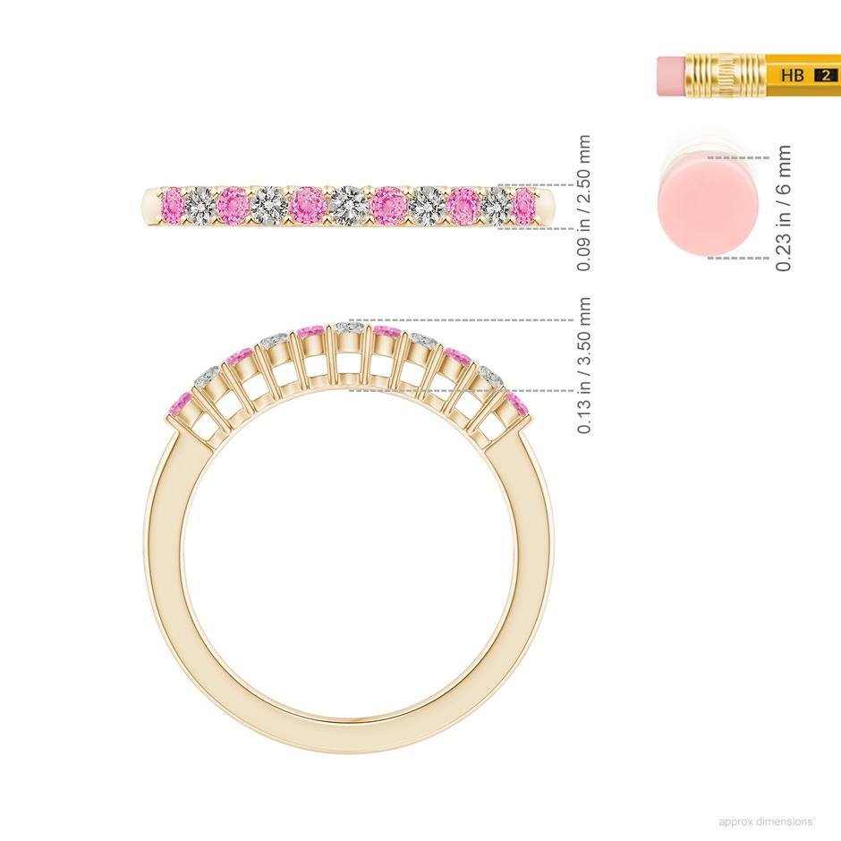 2mm A Pink Sapphire and Diamond Half Eternity Wedding Ring in Yellow Gold ruler