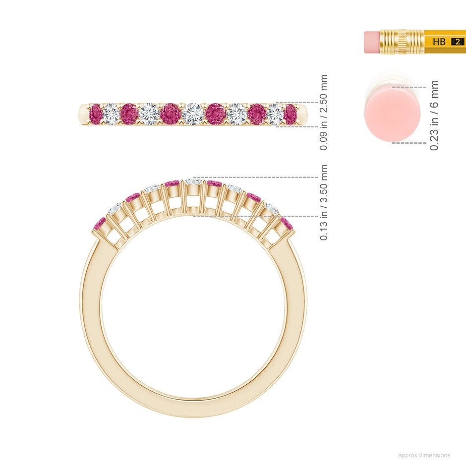 2mm AAAA Pink Sapphire and Diamond Half Eternity Wedding Ring in Yellow Gold ruler