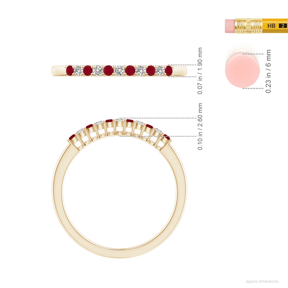 1.5mm AA Ruby and Diamond Half Eternity Wedding Ring in Yellow Gold ruler