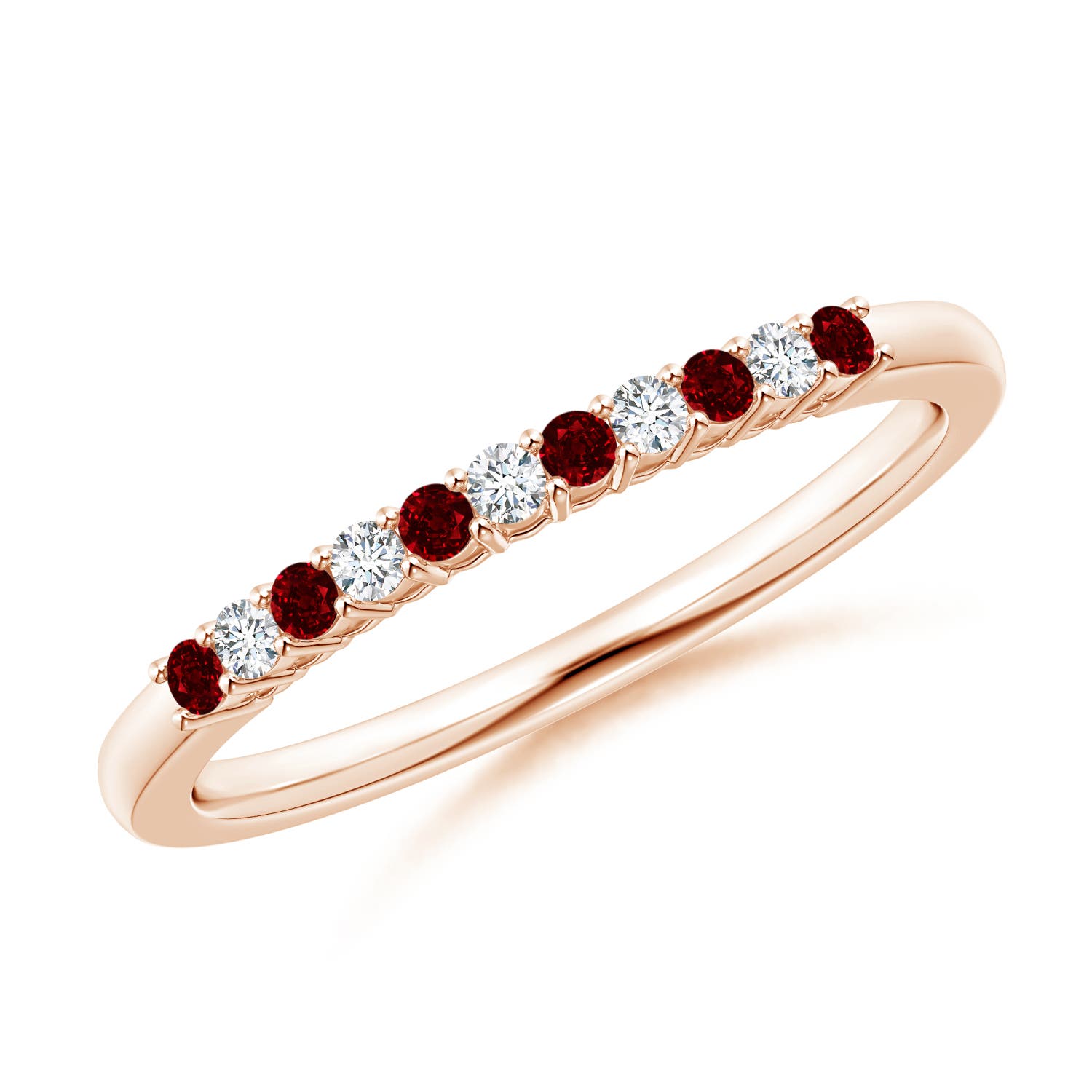 1.5mm AAAA Ruby and Diamond Half Eternity Wedding Ring in Rose Gold