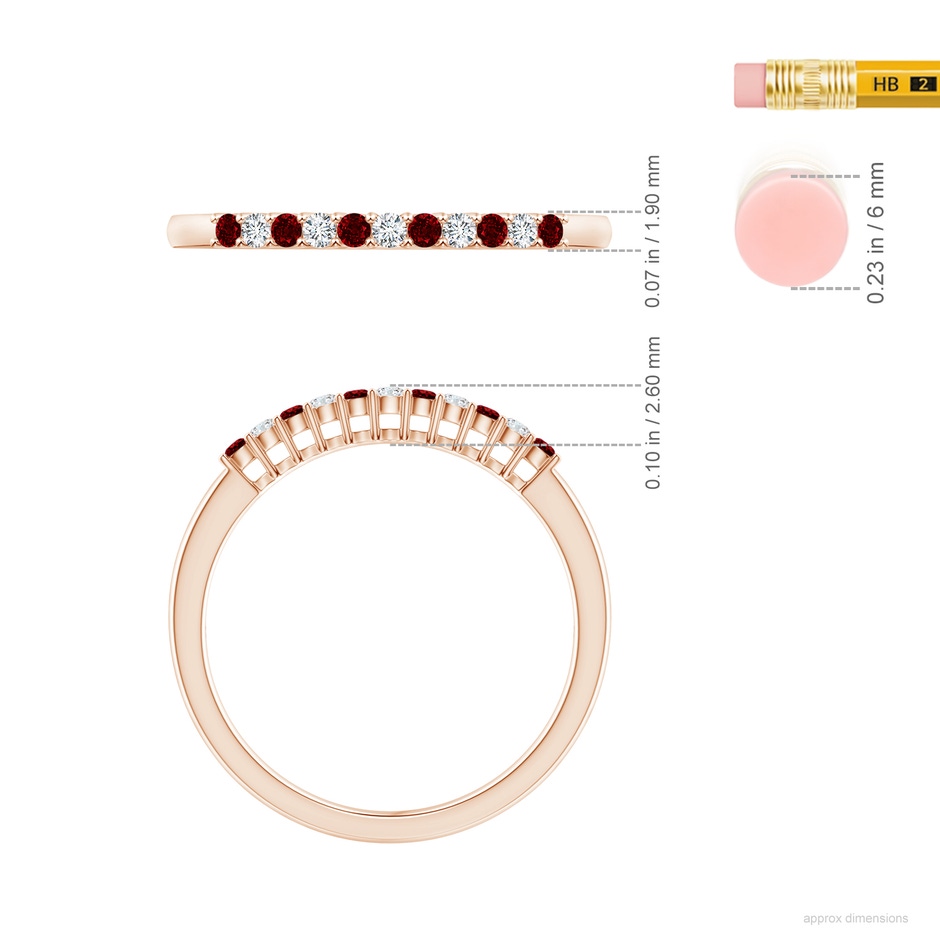 1.5mm AAAA Ruby and Diamond Half Eternity Wedding Ring in Rose Gold ruler