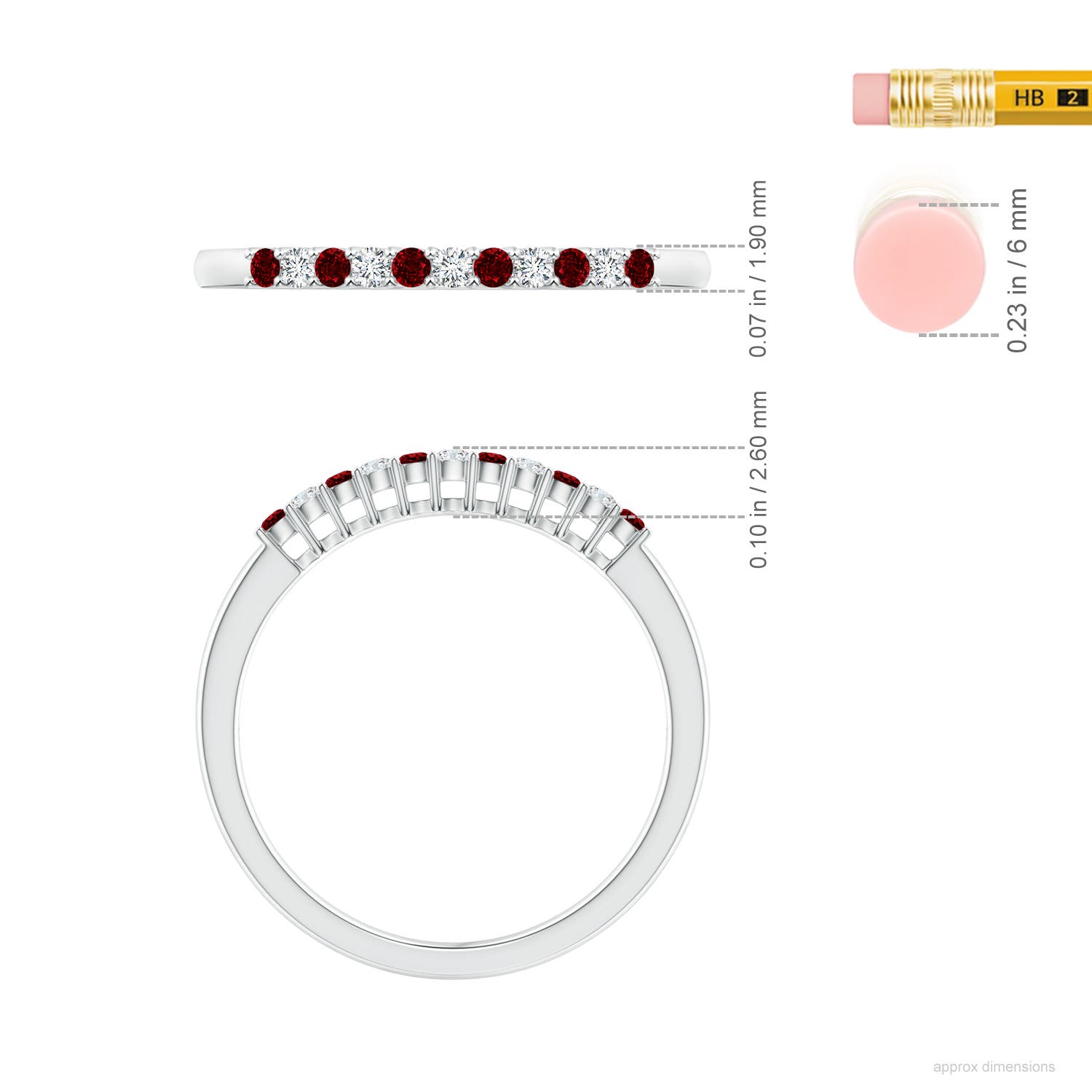 1.5mm AAAA Ruby and Diamond Half Eternity Wedding Ring in White Gold - ruler