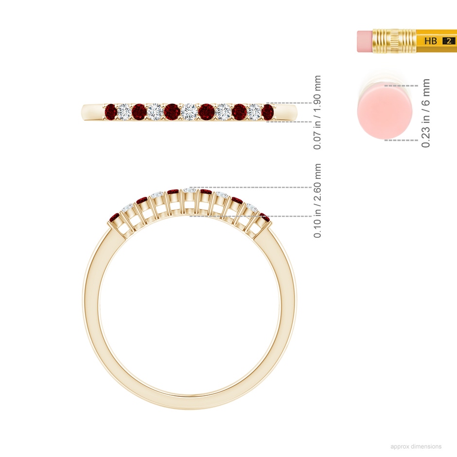 1.5mm AAAA Ruby and Diamond Half Eternity Wedding Ring in Yellow Gold ruler