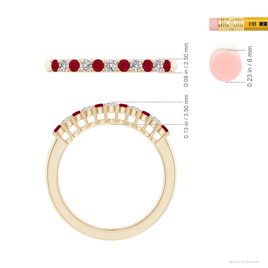 2mm AA Ruby and Diamond Half Eternity Wedding Ring in Yellow Gold ruler