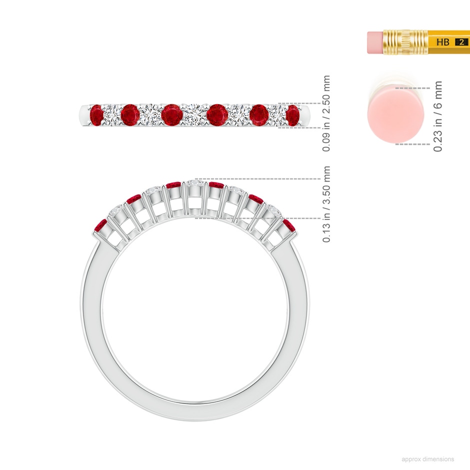 2mm AAA Ruby and Diamond Half Eternity Wedding Ring in 18K White Gold ruler