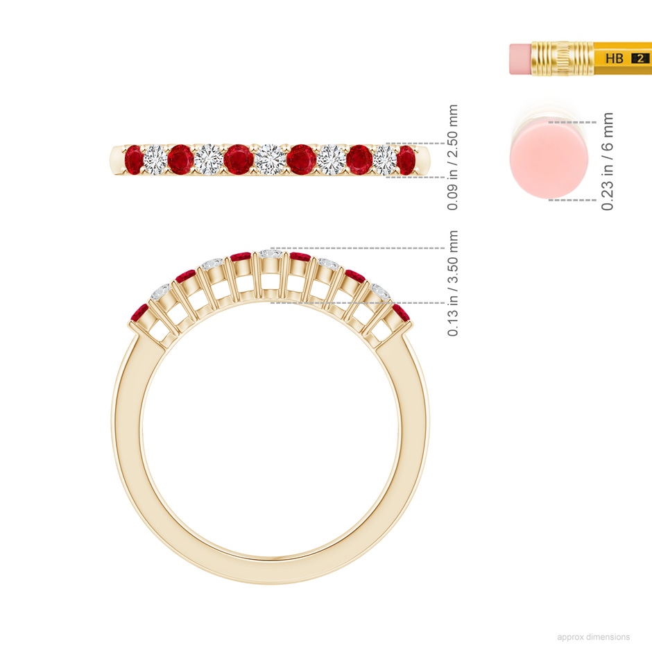 2mm AAA Ruby and Diamond Half Eternity Wedding Ring in 18K Yellow Gold ruler