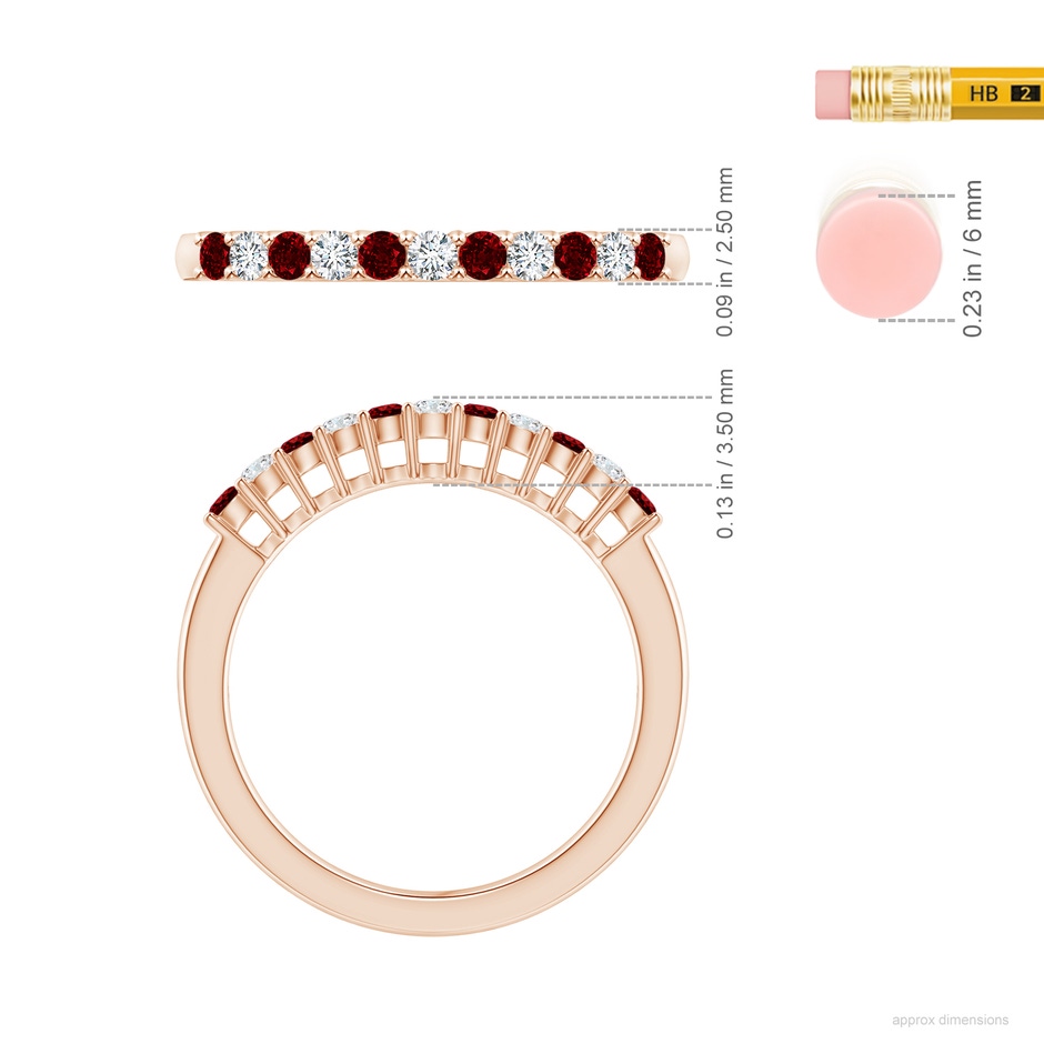 2mm AAAA Ruby and Diamond Half Eternity Wedding Ring in 18K Rose Gold ruler