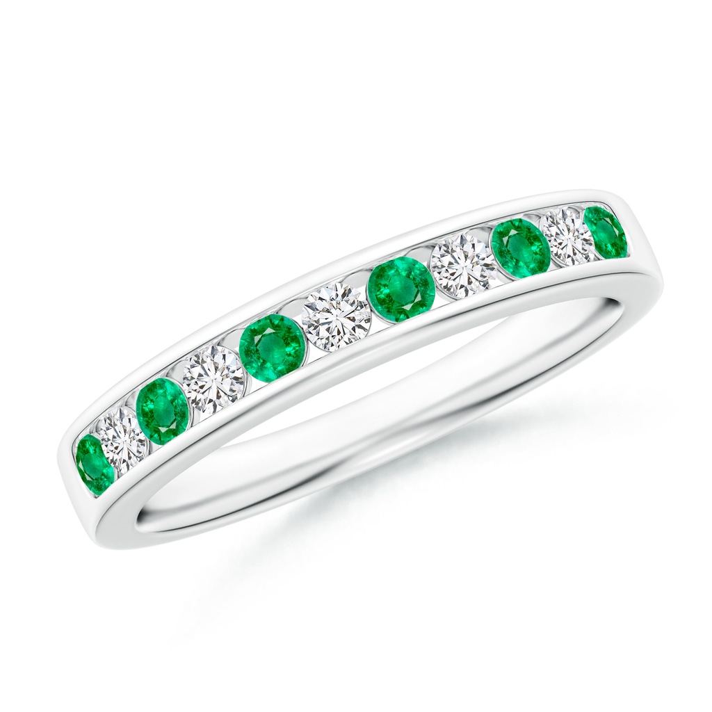 2.1mm AAA Channel Set Emerald and Diamond Semi Eternity Ring in White Gold 