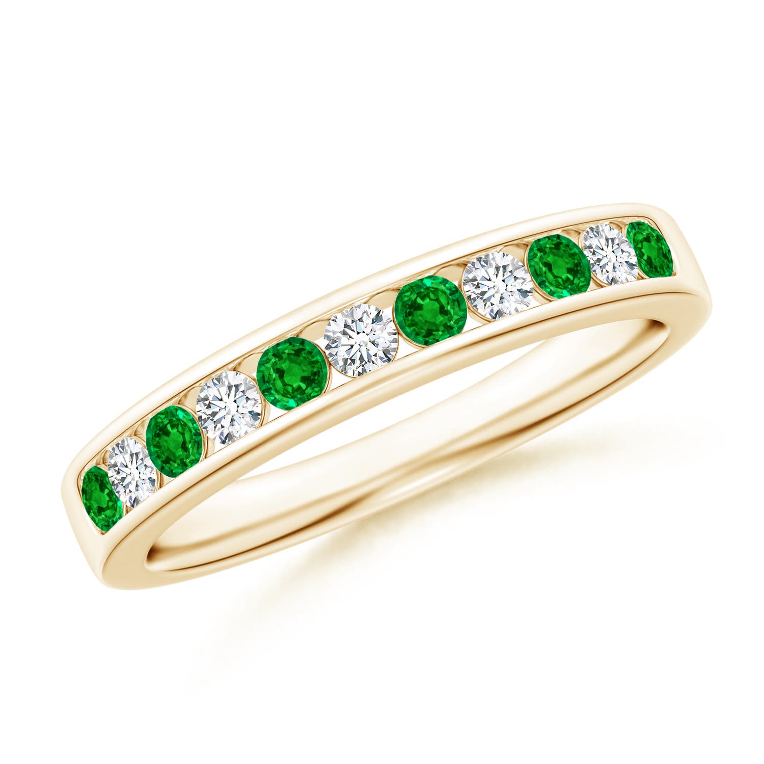 2.1mm AAAA Channel Set Emerald and Diamond Semi Eternity Ring in 18K Yellow Gold