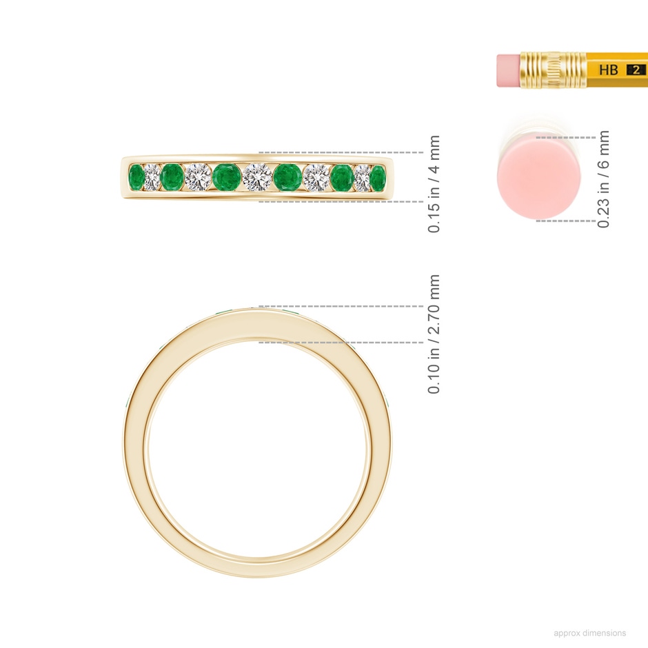 2.5mm AA Channel Set Emerald and Diamond Semi Eternity Ring in Yellow Gold ruler