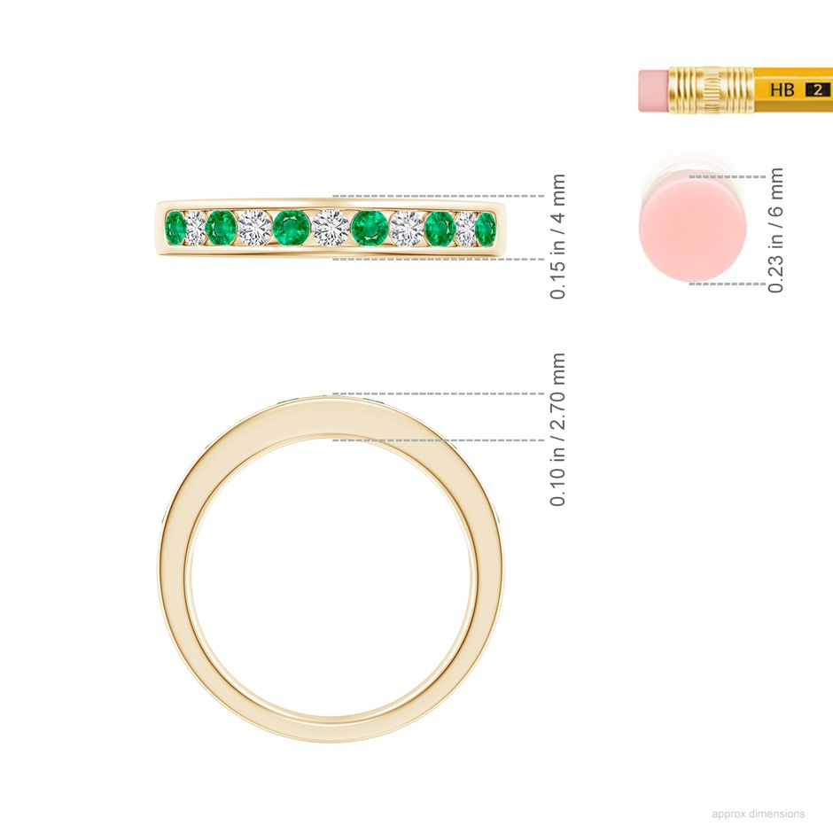 2.5mm AAA Channel Set Emerald and Diamond Semi Eternity Ring in Yellow Gold ruler