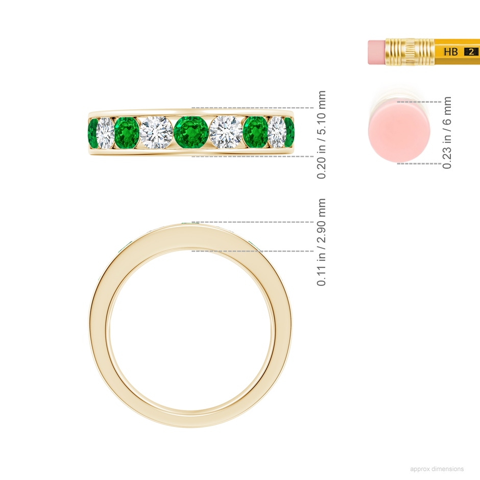 3.5mm AAAA Channel Set Emerald and Diamond Semi Eternity Ring in Yellow Gold ruler