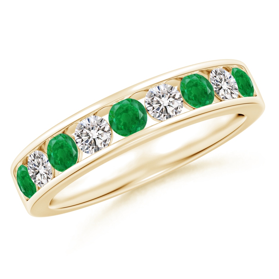 3mm AA Channel Set Emerald and Diamond Semi Eternity Ring in Yellow Gold 