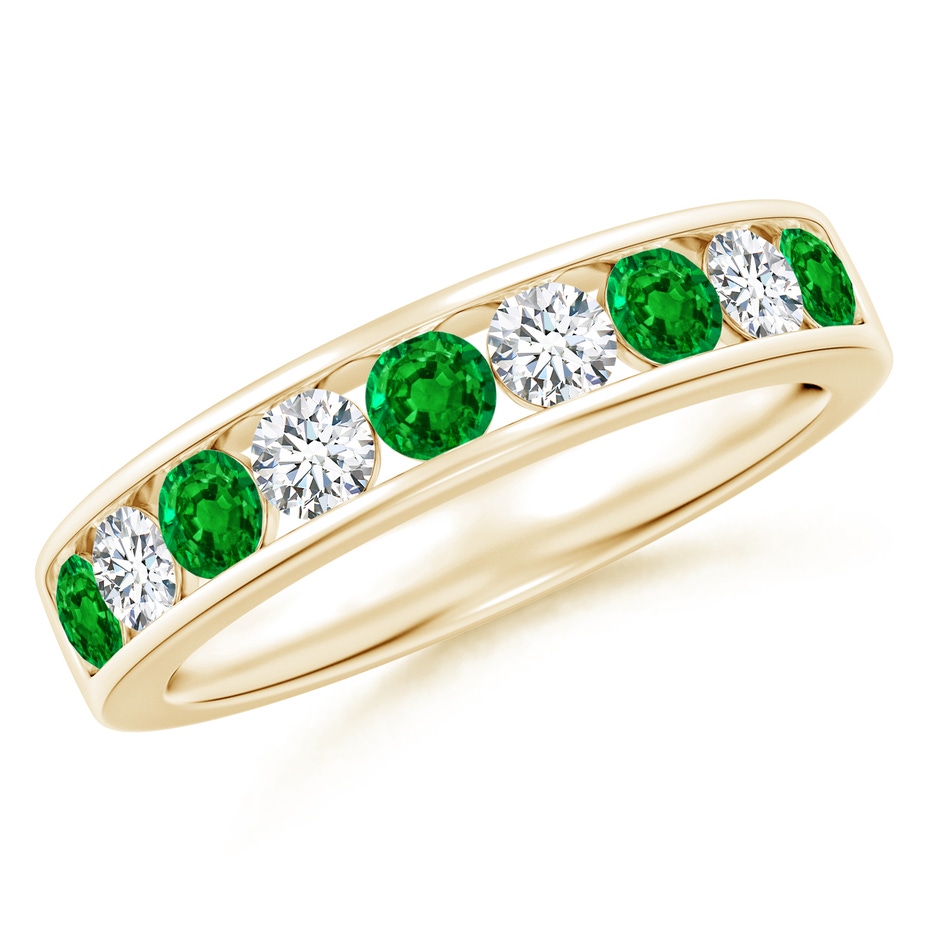 3mm AAAA Channel Set Emerald and Diamond Semi Eternity Ring in Yellow Gold 