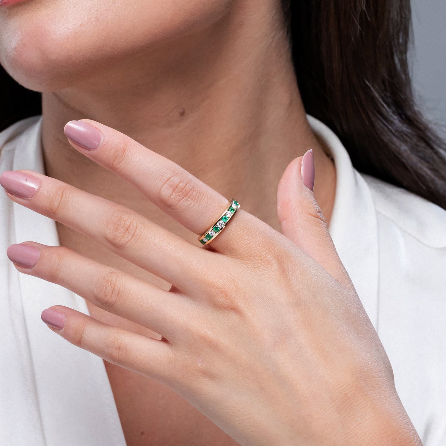Angara 0.28 Carat Channel Set Emerald and Diamond Semi Eternity Ring in Platinum