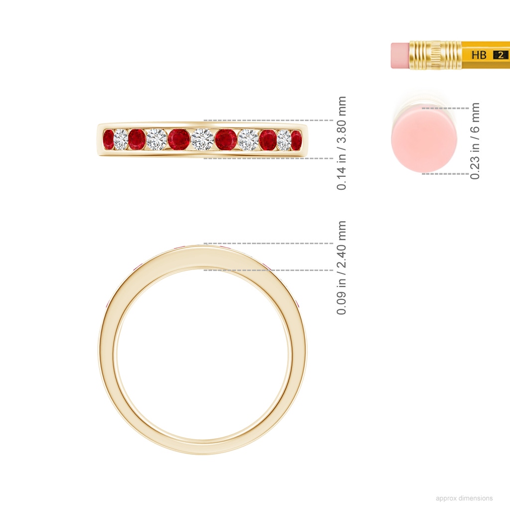 2.1mm AAA Channel Set Ruby and Diamond Semi Eternity Ring in 18K Yellow Gold ruler