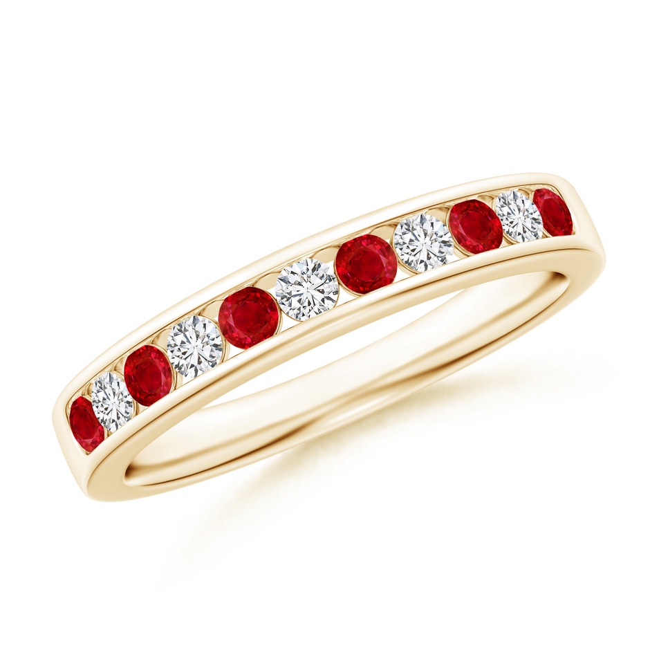 2.1mm AAA Channel Set Ruby and Diamond Semi Eternity Ring in Yellow Gold 