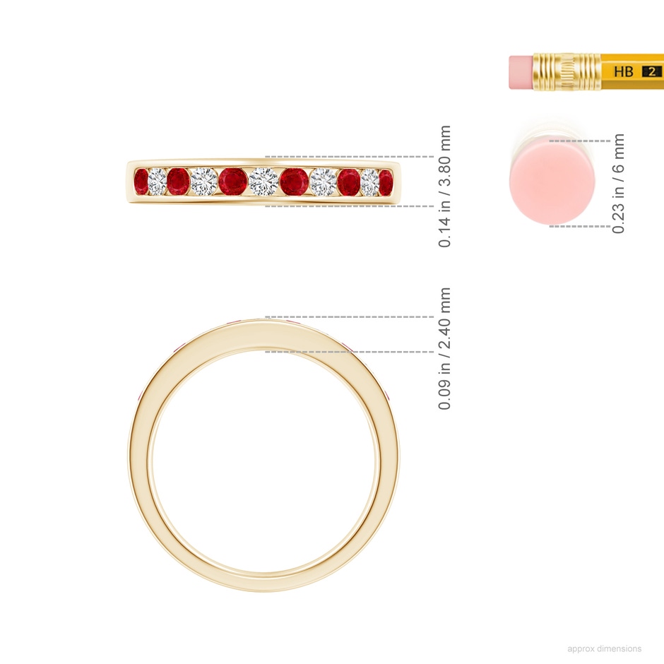 2.1mm AAA Channel Set Ruby and Diamond Semi Eternity Ring in Yellow Gold ruler