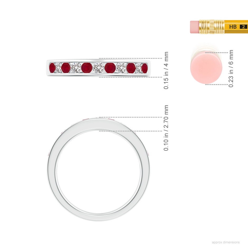 2.5mm AA Channel Set Ruby and Diamond Semi Eternity Ring in White Gold ruler