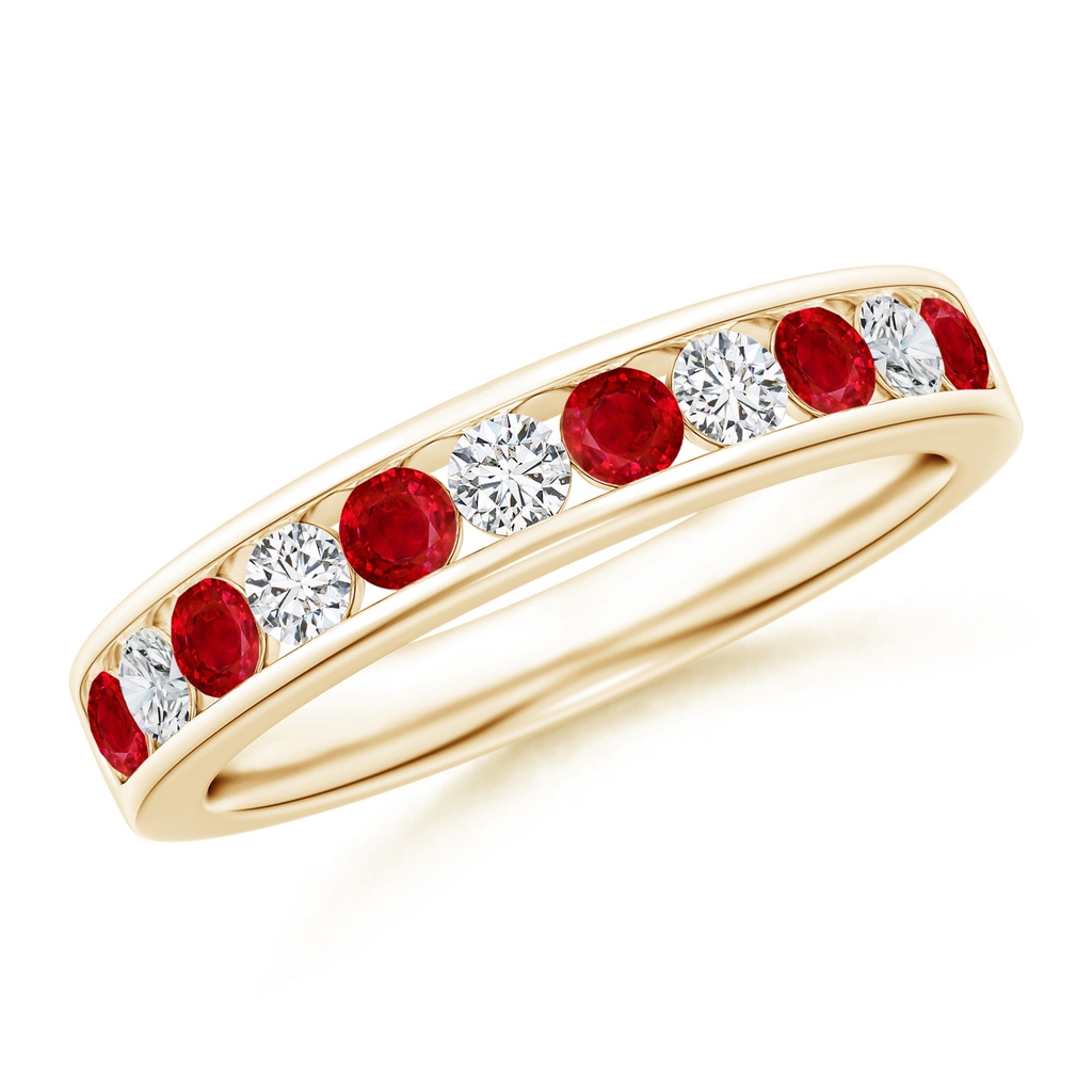 2.5mm AAA Channel Set Ruby and Diamond Semi Eternity Ring in Yellow Gold 