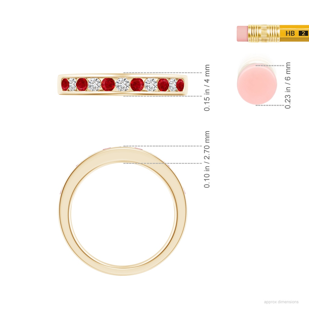 2.5mm AAA Channel Set Ruby and Diamond Semi Eternity Ring in Yellow Gold ruler