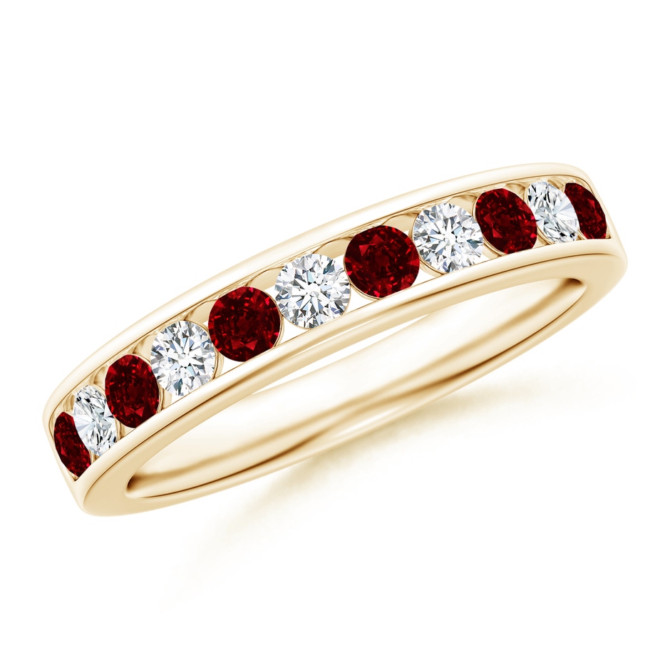 2.5mm AAAA Channel Set Ruby and Diamond Semi Eternity Ring in Yellow Gold 