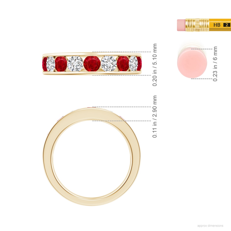 3.5mm AAA Channel Set Ruby and Diamond Semi Eternity Ring in Yellow Gold ruler