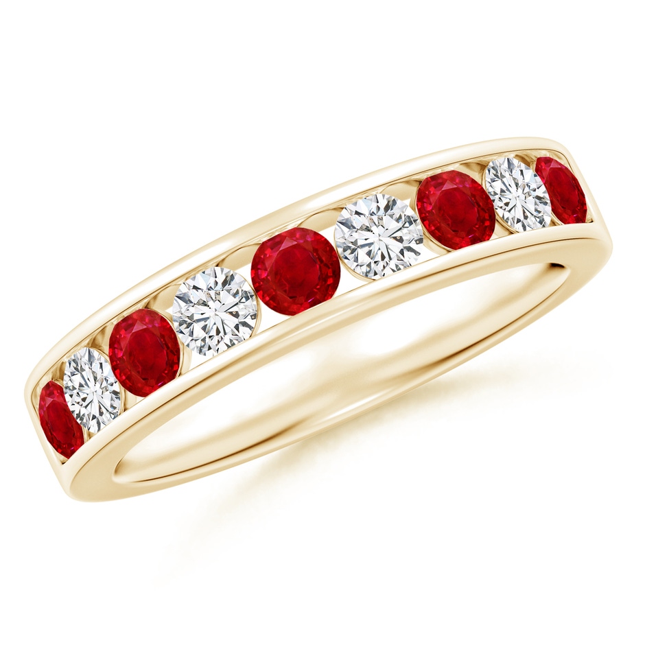 3mm AAA Channel Set Ruby and Diamond Semi Eternity Ring in Yellow Gold 