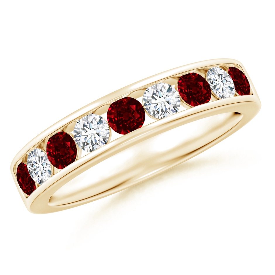 3mm AAAA Channel Set Ruby and Diamond Semi Eternity Ring in Yellow Gold 