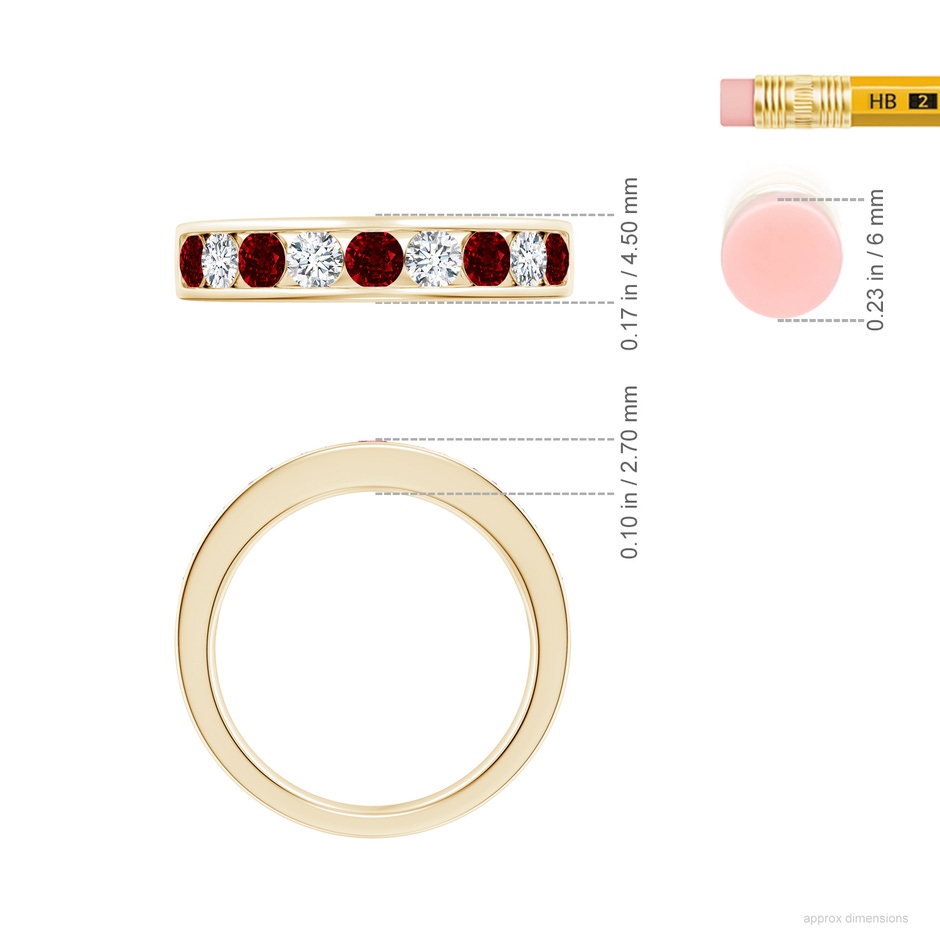 3mm AAAA Channel Set Ruby and Diamond Semi Eternity Ring in Yellow Gold ruler