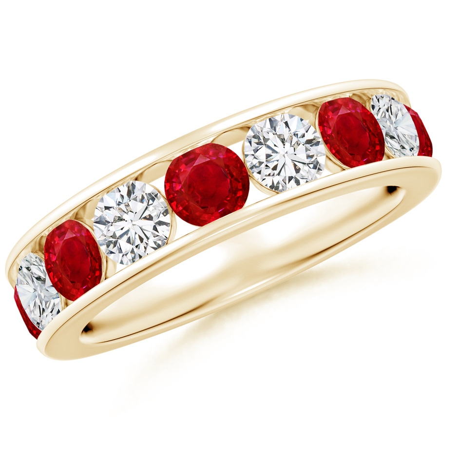 4mm AAA Channel Set Ruby and Diamond Semi Eternity Ring in 18K Yellow Gold 