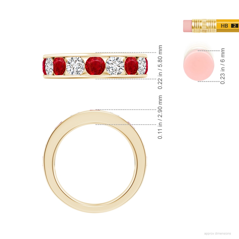 4mm AAA Channel Set Ruby and Diamond Semi Eternity Ring in 18K Yellow Gold ruler