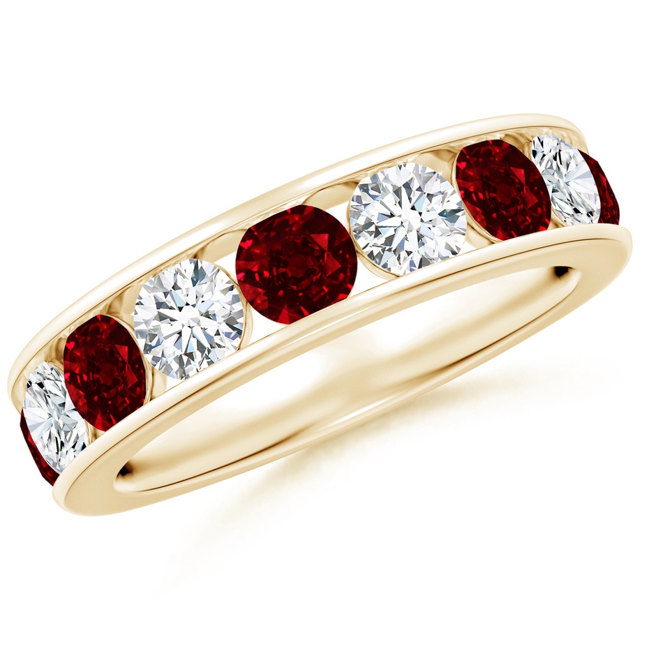 4mm AAAA Channel Set Ruby and Diamond Semi Eternity Ring in Yellow Gold 
