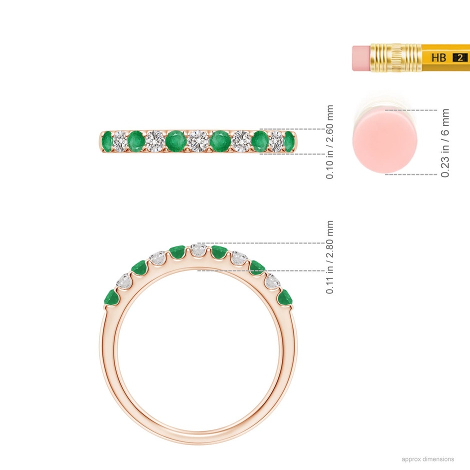 2.1mm A Shared Prong Emerald and Diamond Half Eternity Ring in Rose Gold ruler