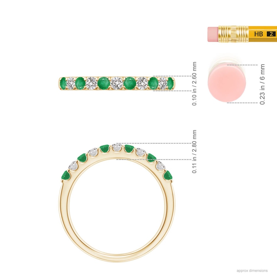 2.1mm A Shared Prong Emerald and Diamond Half Eternity Ring in Yellow Gold ruler