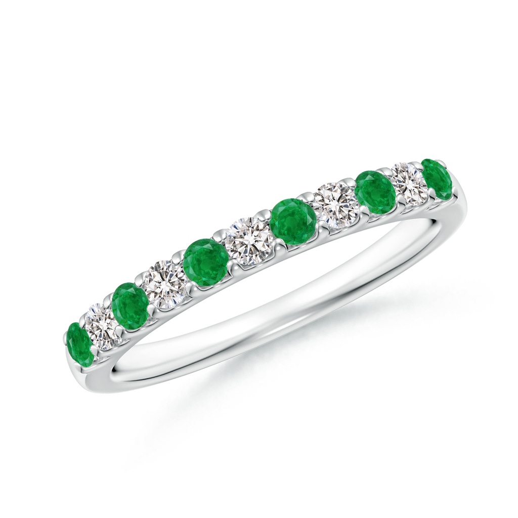 2.1mm AA Shared Prong Emerald and Diamond Half Eternity Band in White Gold
