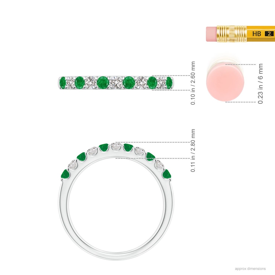 2.1mm AA Shared Prong Emerald and Diamond Half Eternity Ring in White Gold ruler