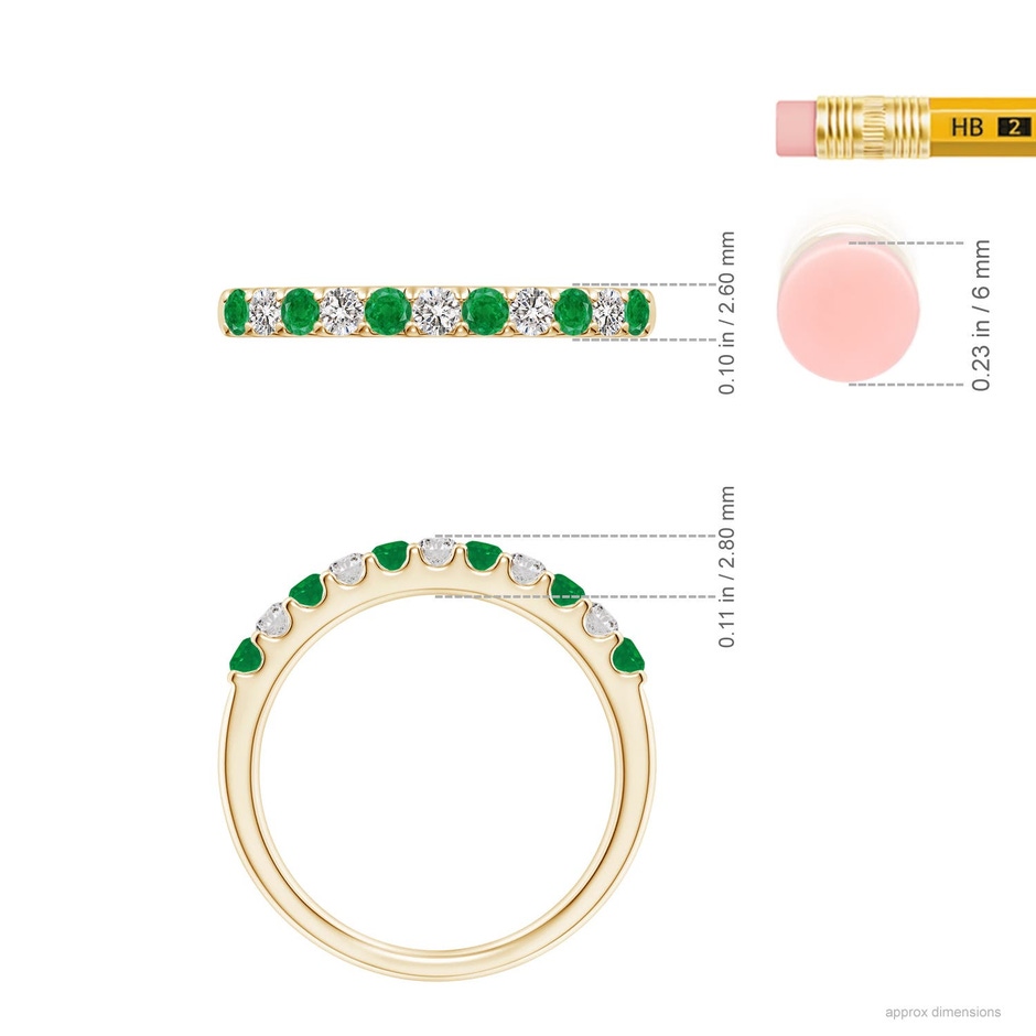 2.1mm AA Shared Prong Emerald and Diamond Half Eternity Ring in Yellow Gold ruler