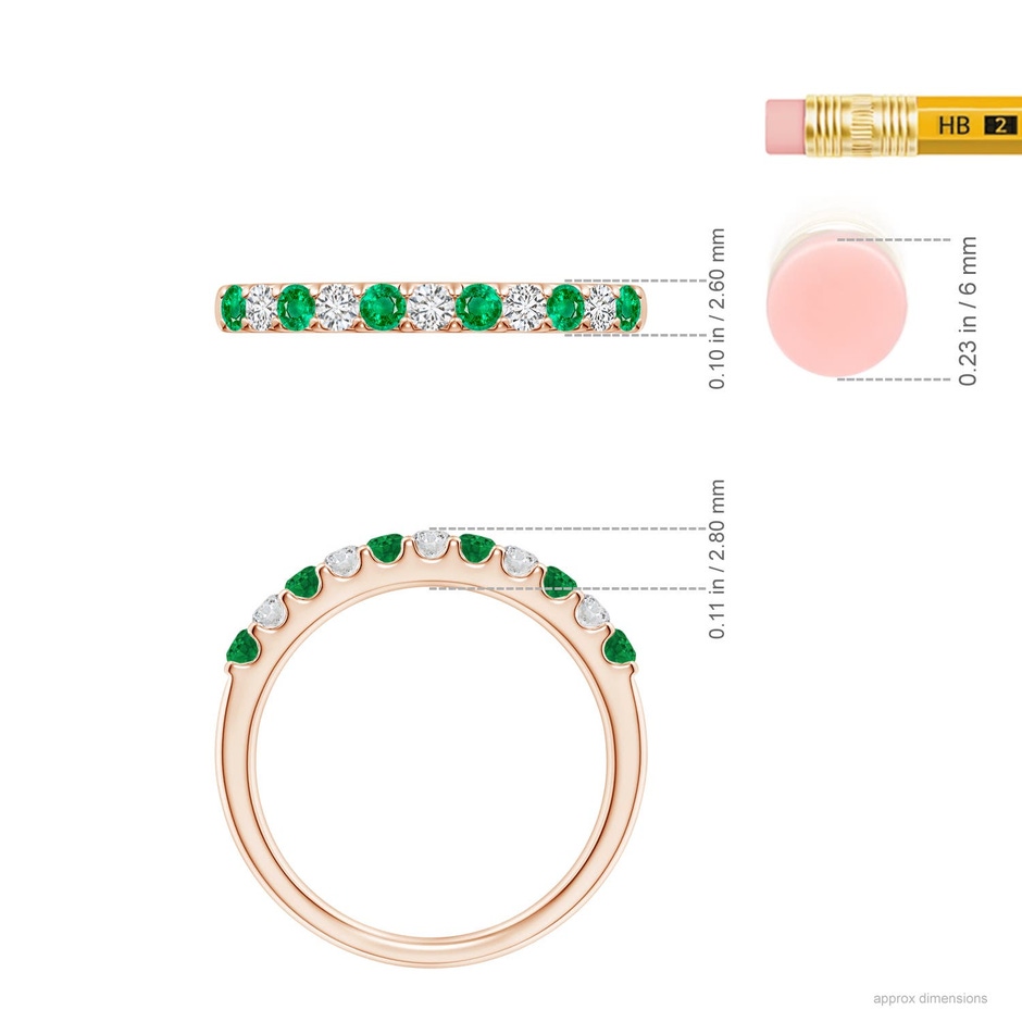 2.1mm AAA Shared Prong Emerald and Diamond Half Eternity Ring in Rose Gold ruler