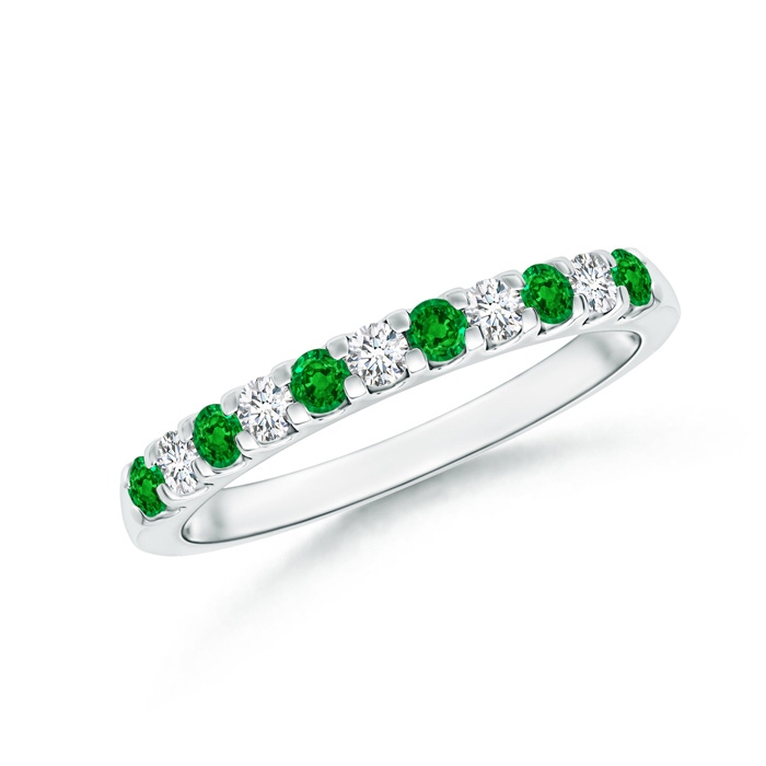 2.1mm AAAA Shared Prong Emerald and Diamond Half Eternity Band in 9K White Gold 