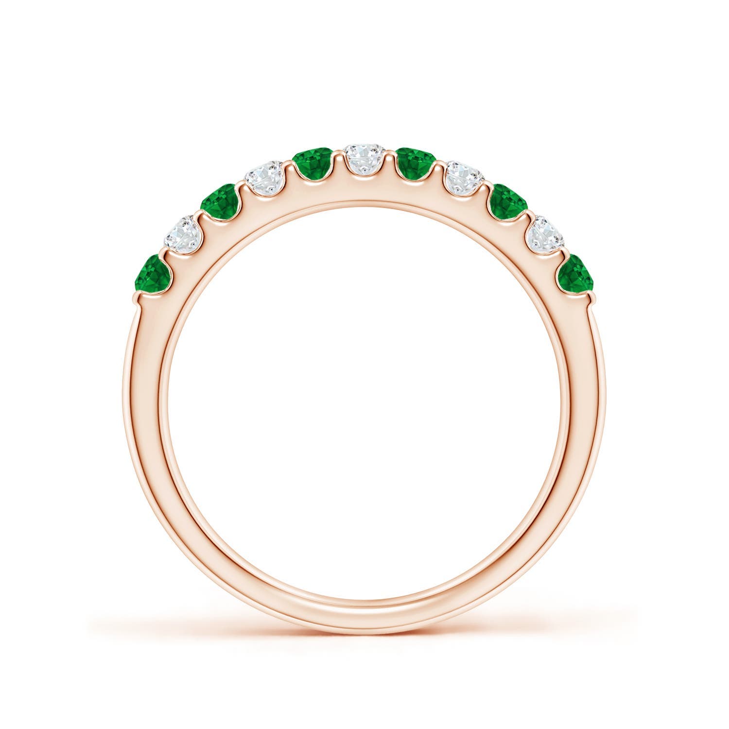2.1mm AAAA Shared Prong Emerald and Diamond Half Eternity Ring in Rose Gold